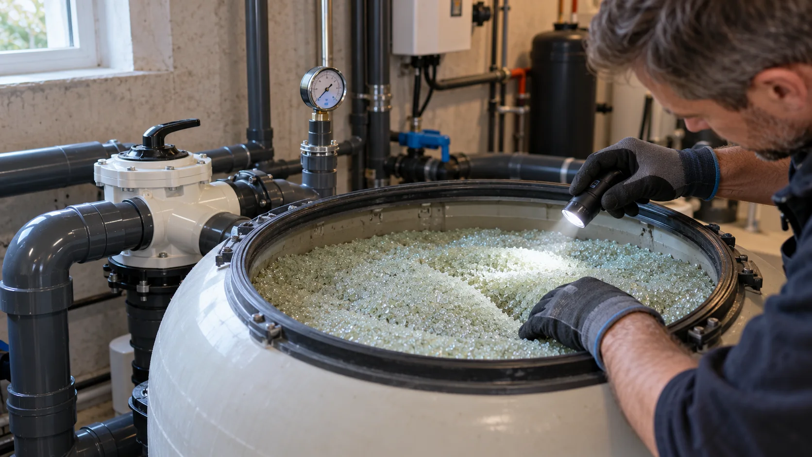 Geöffneter Poolfilter im Technikraum mit hellem Filterglas; eine Servicekraft prüft die Oberfläche des Filterbetts mit einer kleinen Leuchte