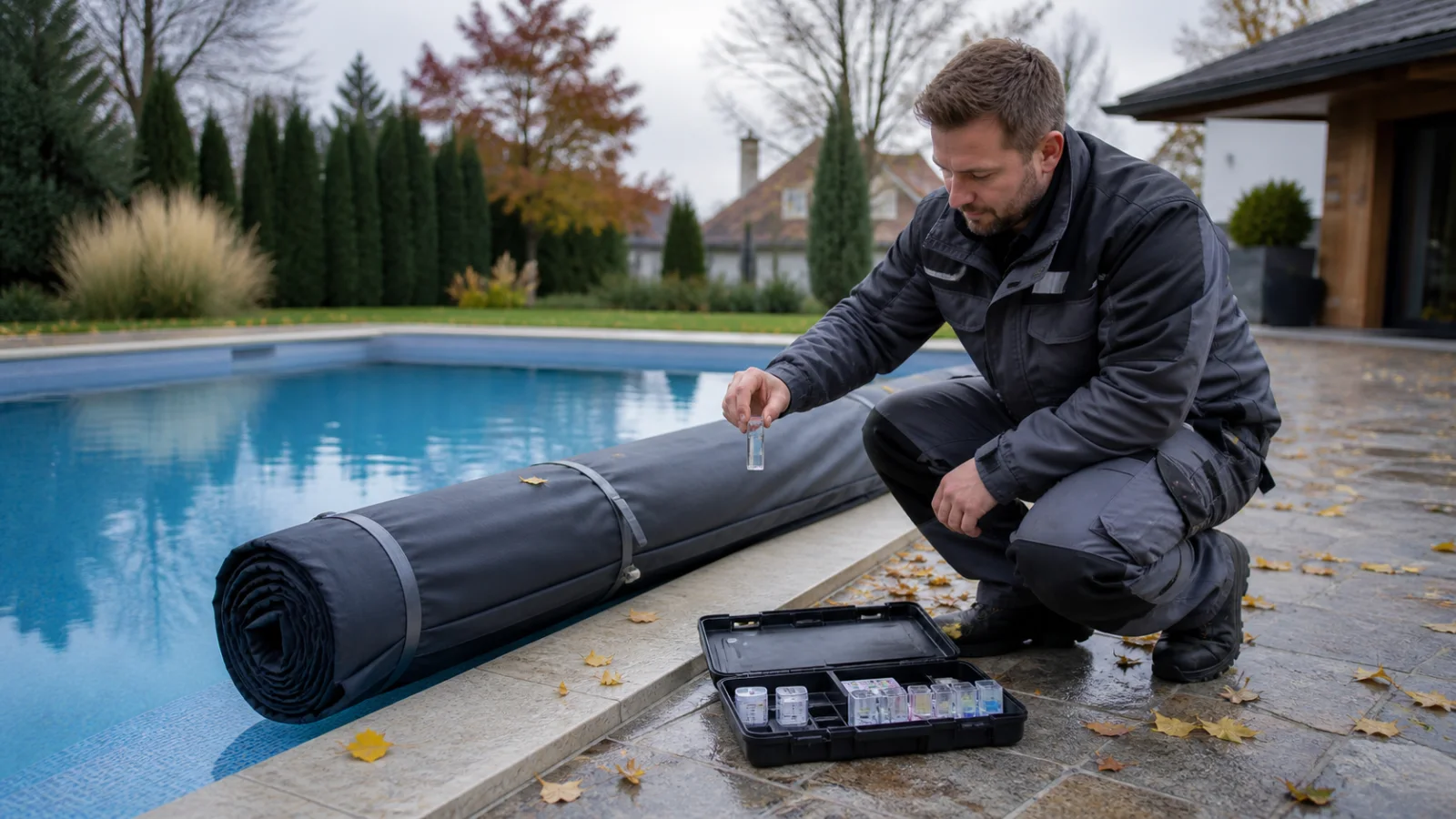 Pooltechniker prüft im Herbst das Wasser neben einer eingerollten Winterabdeckung