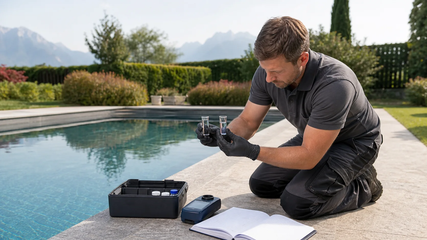Pooltechniker vergleicht zwei Wasserproben neben einem Photometer am Beckenrand