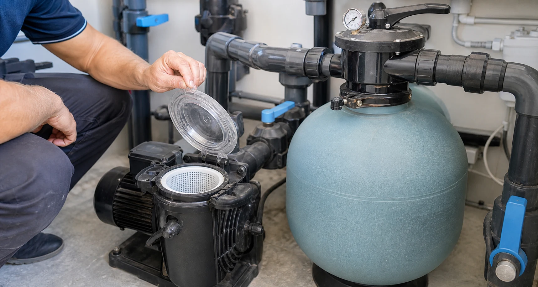 Servicetechniker beim Saisonstart in einem privaten Pool-Technikraum, geoeffneter Vorfilterdeckel, sichtbare Pumpe, Filterkessel und sauber geordnete Rohrleitungen, realistische technische Servicefotografie ohne Logos