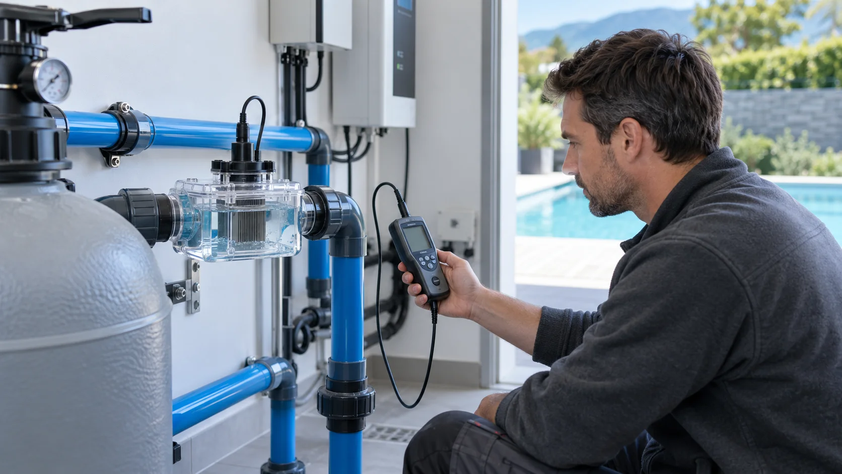 Techniker kontrolliert eine transparente Salzelektrolysezelle und ein Wasser-Messgerät im Pooltechnikraum